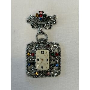 Vintage Colorful Rhinestone Clock/Watch Dangling Brooch, Silver Toned, Elegant